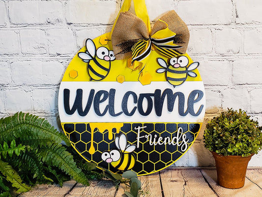 Welcome Friends | Bee | Handcrafted Finished Tabletop Or Large Door Signs