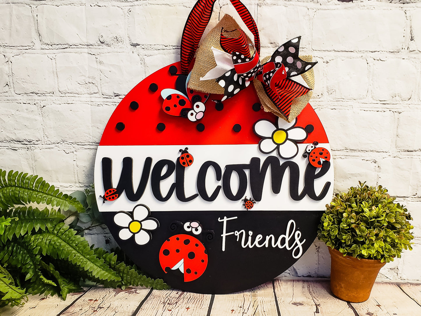 Welcome Friends | Ladybug | Handcrafted Finished Tabletop Or Large Door Signs