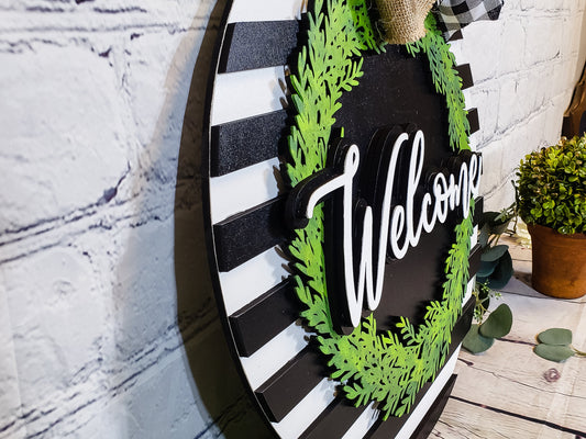Welcome Wreath & Stripes | Handcrafted Finished Tabletop Or Large Door Signs