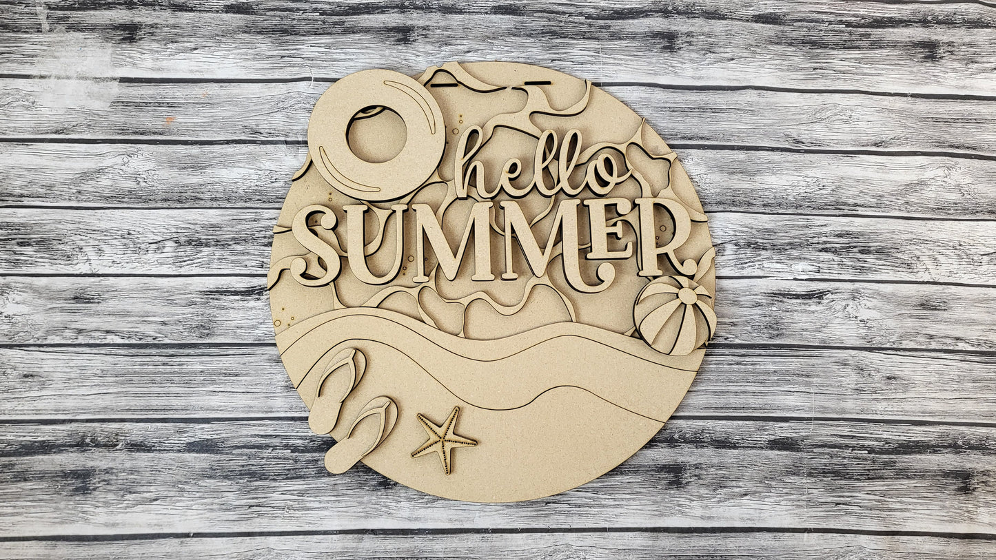 Unfinished DIY Project Kit - Tabletop Or Large Hanging Door Sign - Hello Summer (Beach)