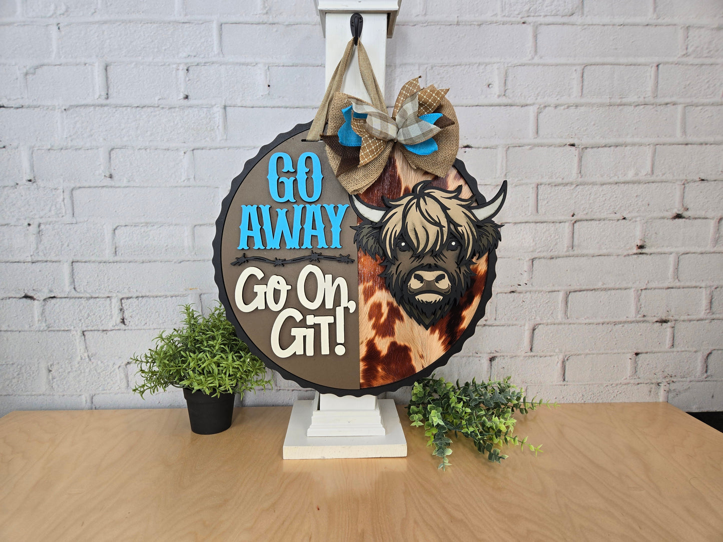 Finished - Small Tabletop Door Hanging Sign - Highland Cow (Go Away)