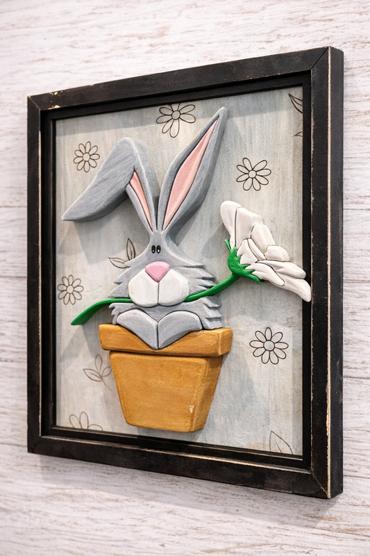 Hand Carved Bunny Wall Art | Rustic Farmhouse Easter Decor | Framed Wood Bunny with Flower