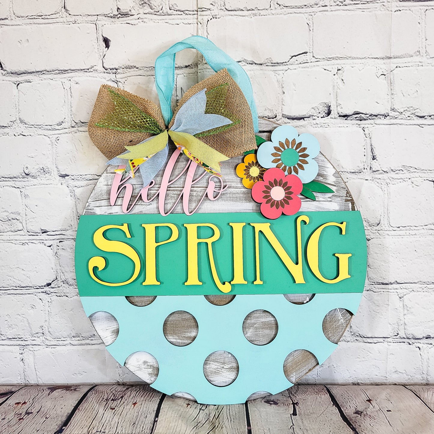 Hello spring polka dots | Handcrafted Finished Tabletop Or Large Door Signs
