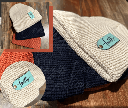 Cuffed Knit Ribbed Beanie with Custom Faux Leatherette Patch - Crazy Daisy Boutique