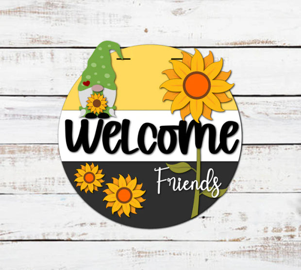 Welcome Friends | Sunflower Gnome | Handcrafted Finished Tabletop Or Large Door Signs