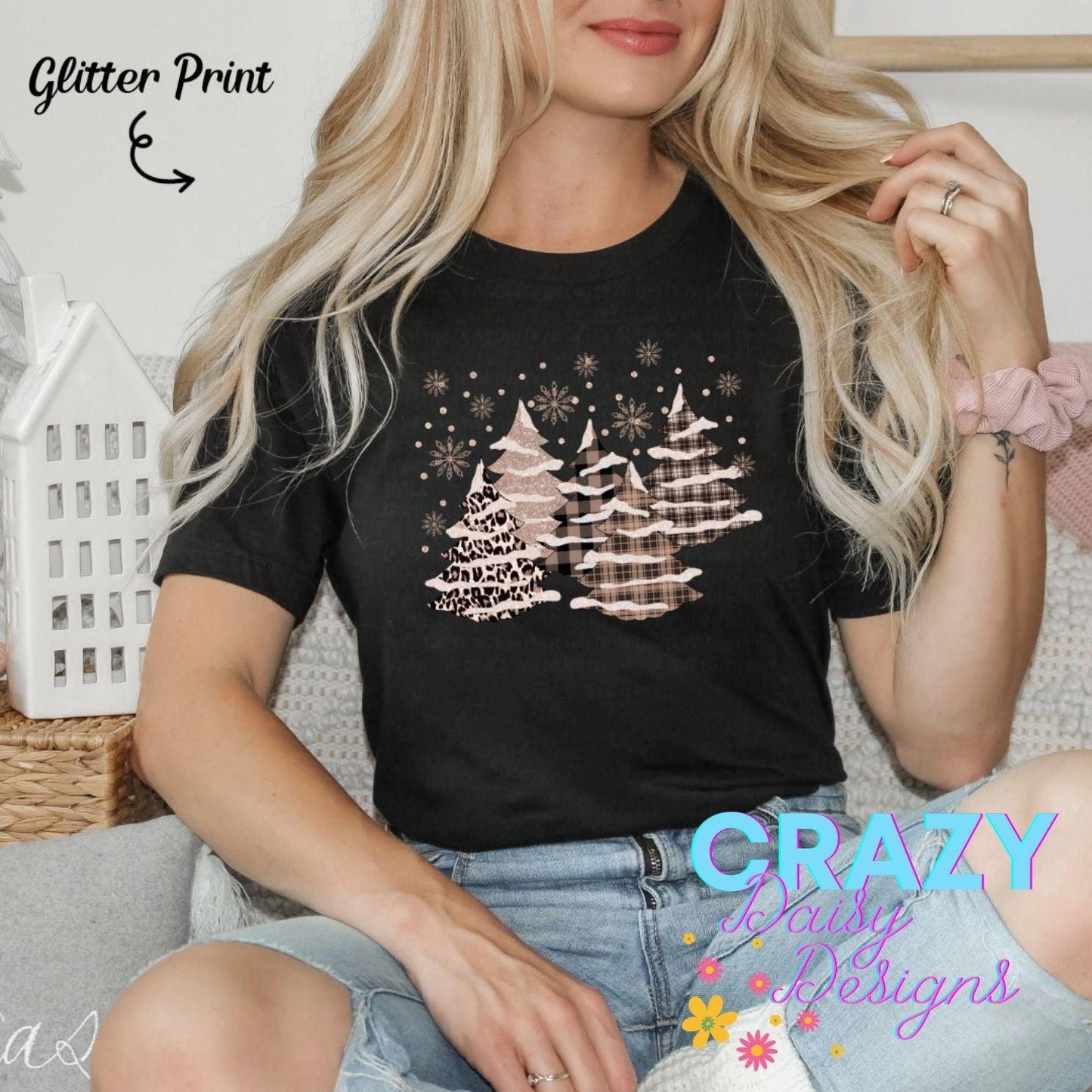 Glitter Print Christmas Trees Graphic T-Shirt - Crazy Daisy Boutique