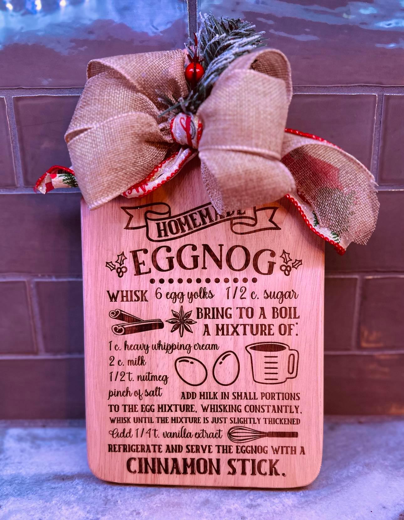 Laser Engraved Eggnog Recipe Cutting Board (9 1/2" x 7 1/2" (13 1/2" including 4" handle), and is 3/4 inch thick) - Crazy Daisy Boutique