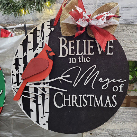 Finished -  Large Door Hanging Sign - Believe in the Magic of Christmas | Cardinal