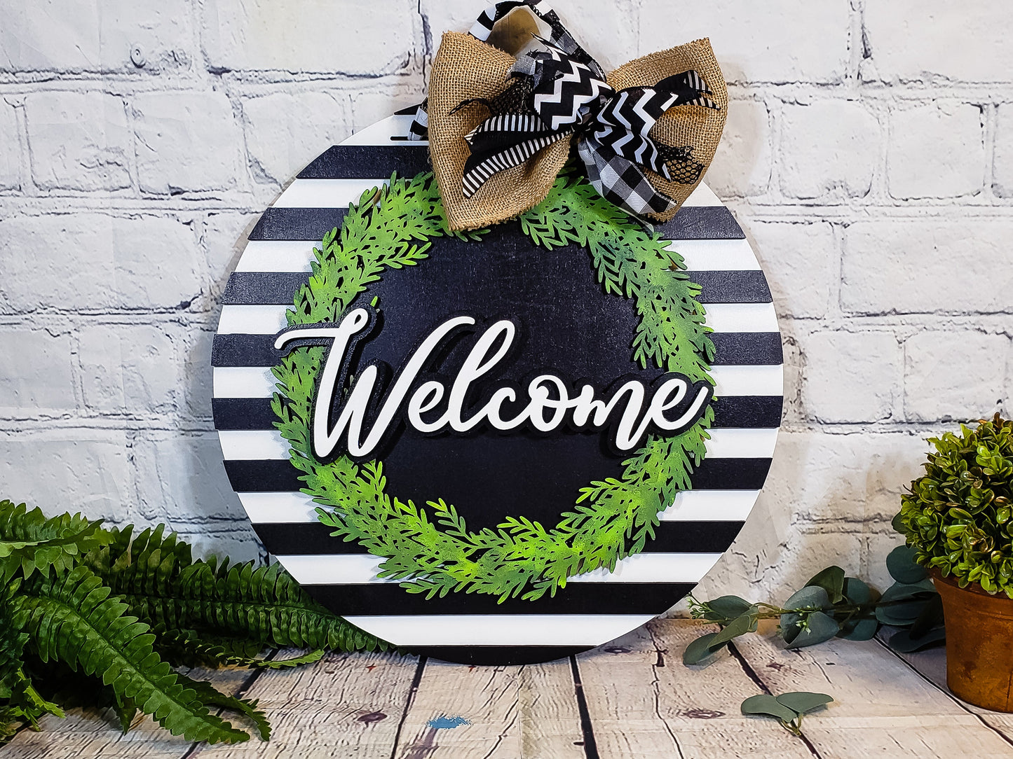 Finished -  Large Door Hanging Sign - Welcome Wreath & Stripes