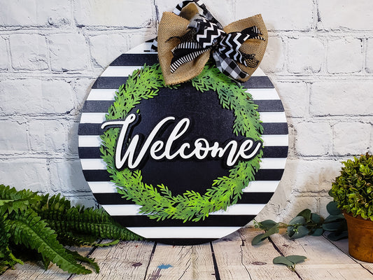 Finished -  Large Door Hanging Sign - Welcome Wreath & Stripes