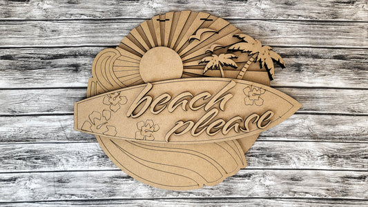 Unfinished DIY Kit - Tabletop Or Large Door Hanging Sign - Beach Please Surfboard