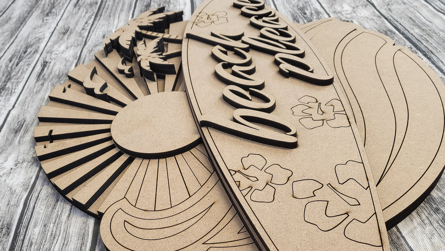 Unfinished DIY Kit - Tabletop Or Large Door Hanging Sign - Beach Please Surfboard