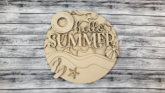 Unfinished DIY Project Kit - Tabletop Or Large Hanging Door Sign - Hello Summer (Beach)