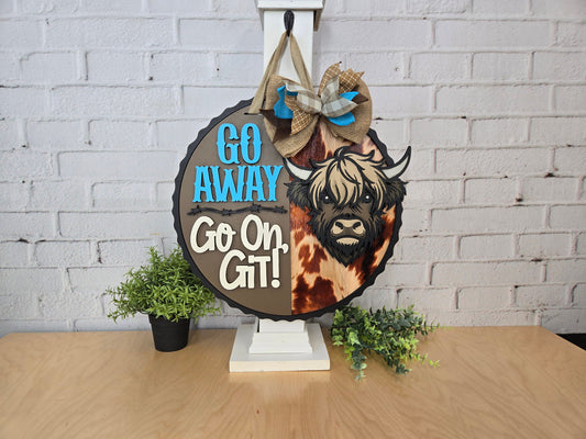Finished -  Small Tabletop Door Hanging Sign - Highland Cow (Go Away)