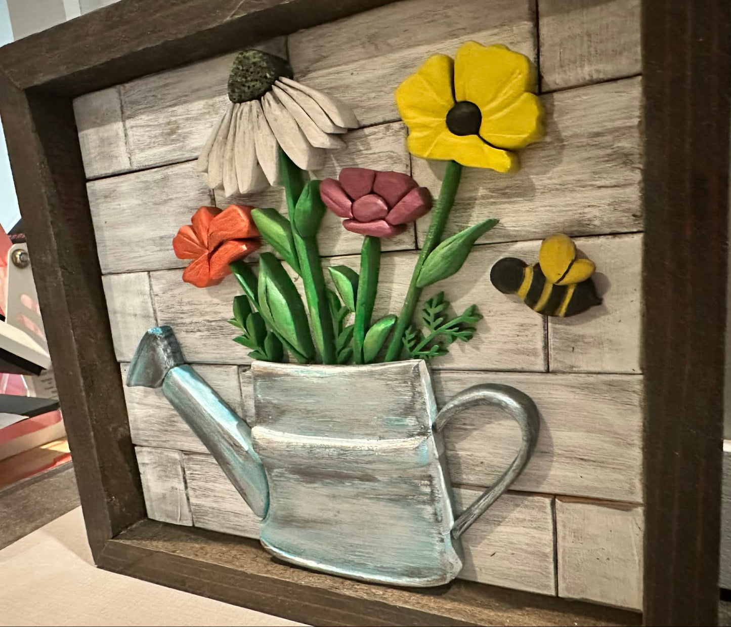 Hand Carved Watering Can Wall Art | Rustic Floral Decor