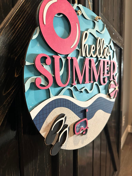 Unfinished DIY Project Kit - Tabletop Or Large Door Hanging Hello Summer (Pool)