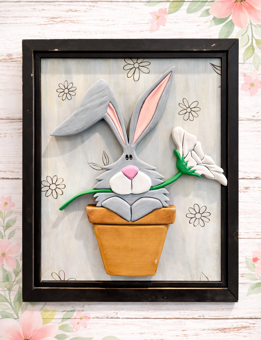 Hand Carved Bunny Wall Art | Rustic Farmhouse Easter Decor | Framed Wood Bunny with Flower