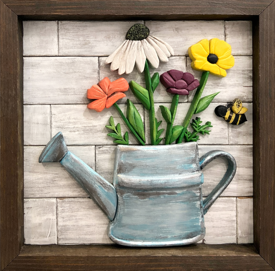 Hand Carved Watering Can Wall Art | Rustic Floral Decor