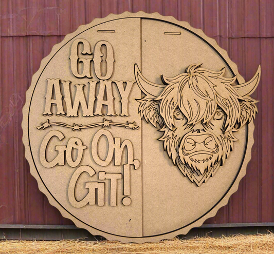 Unfinished DIY Kit - Tabletop Or Large Door Hanging Sign - Highland Cow (Go Away)
