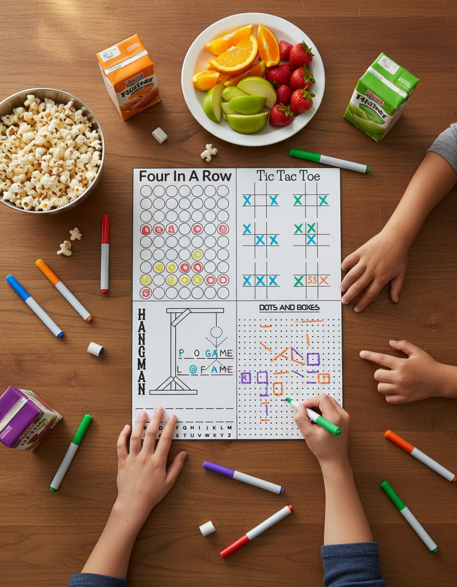 4-in-1 Hangman, Four in a Row, Tic Tac Toe & Dots and Boxes | Reusable Dry Erase (8.5" x 11")