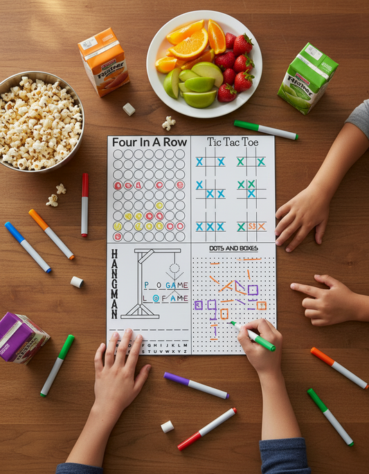 4-in-1 Hangman, Four in a Row, Tic Tac Toe & Dots and Boxes | Reusable Dry Erase (8.5" x 11")
