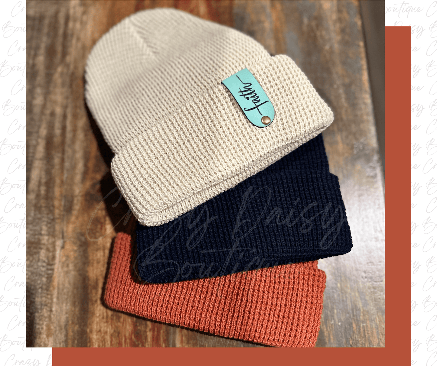 Cuffed Knit Ribbed Beanie with Custom Faux Leatherette Patch - Crazy Daisy Boutique