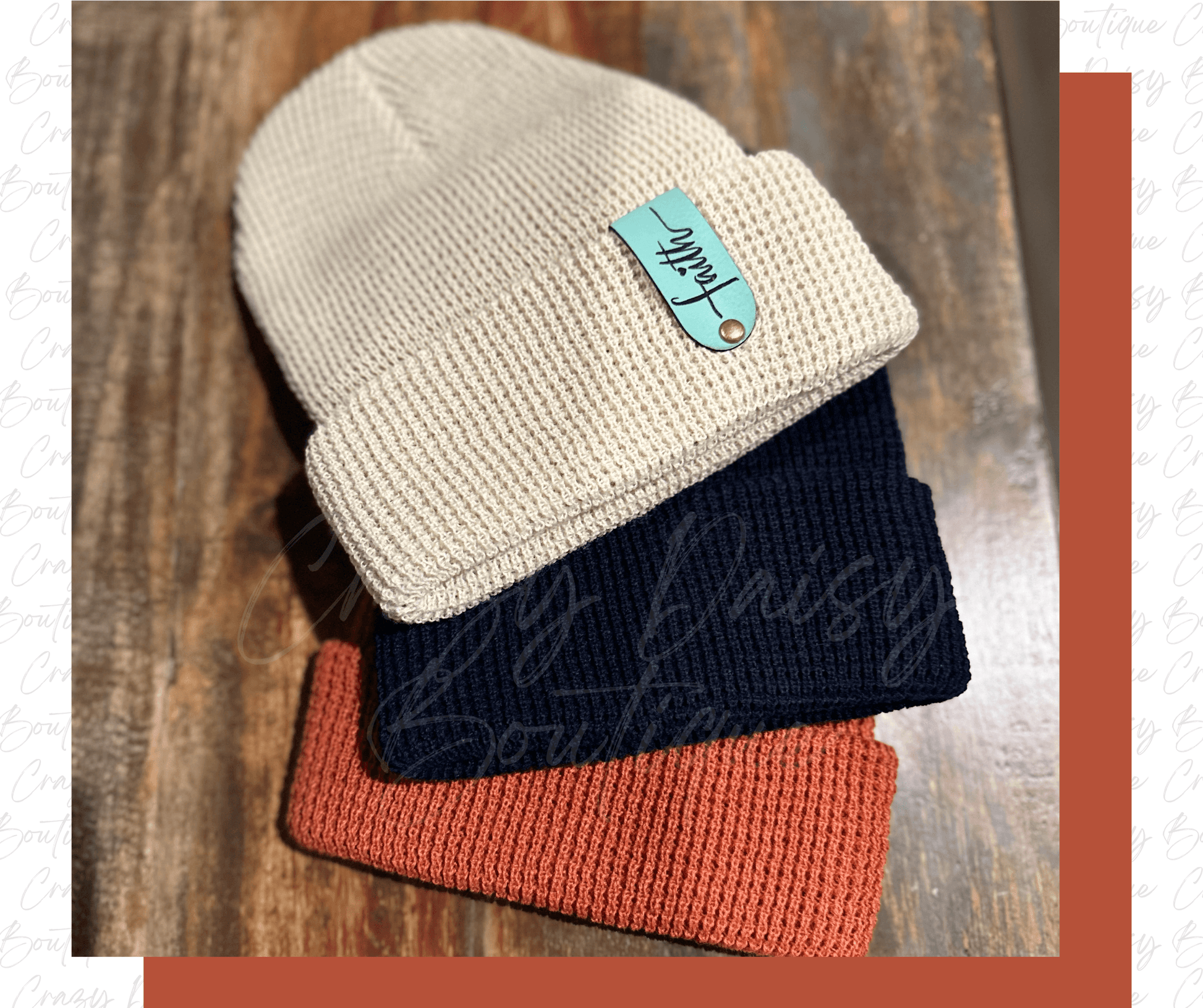 Cuffed Knit Ribbed Beanie with Custom Faux Leatherette Patch - Crazy Daisy Boutique