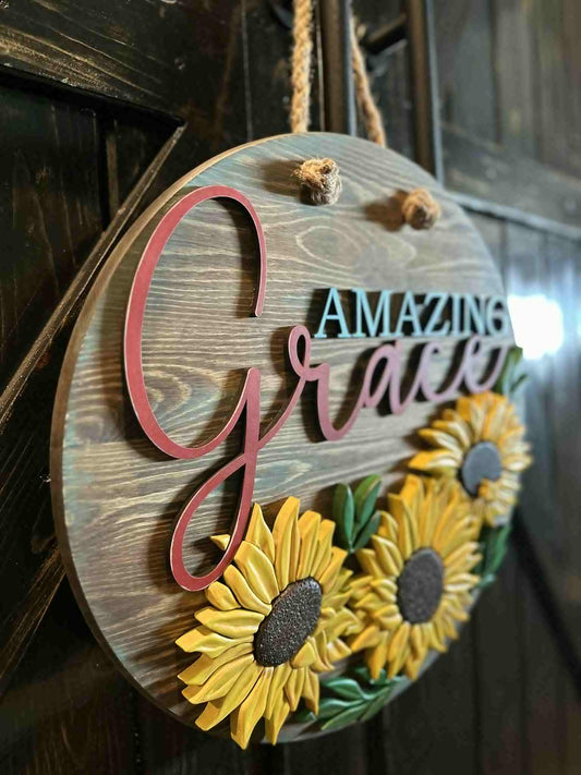 Hand carved Amazing Grace Sunflower Door Sign