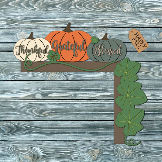 Thankful Grateful Blessed Stacked Pumpkins | Handcrafted Finished Door Corner