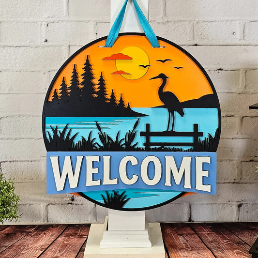 Finished -  Small Tabletop Door Hanging Sign - Welcome Crane